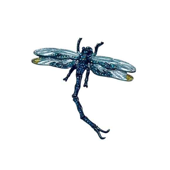Dragonfly Brooches Pendants Articulated Tail Gunmetal Tone Blue/AB Rhinestones - Picture 5 of 13